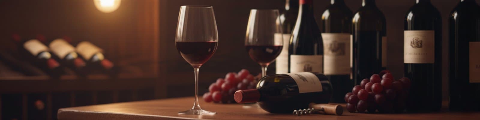 A candlelit wine table set with bottles, glasses, and grapes